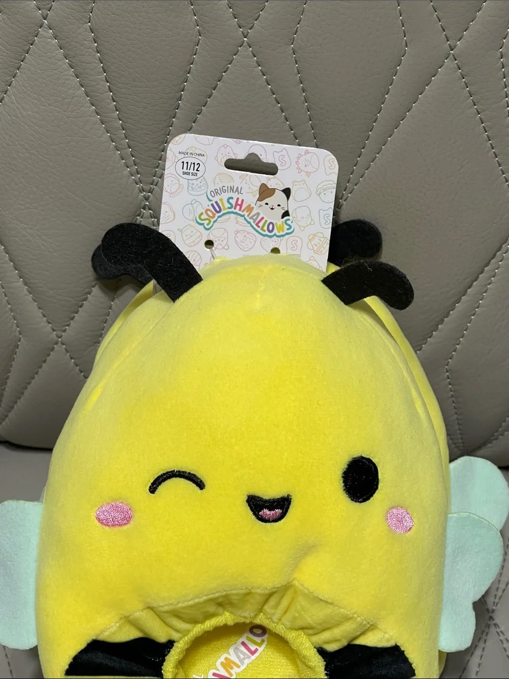 Squishmallows Yellow Bee Slippers with Mint Wings and Black Stripes